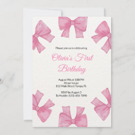 Invitación de primer cumpleaños de Bow rosado