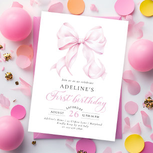 Invitación de primer cumpleaños de Bow rosado