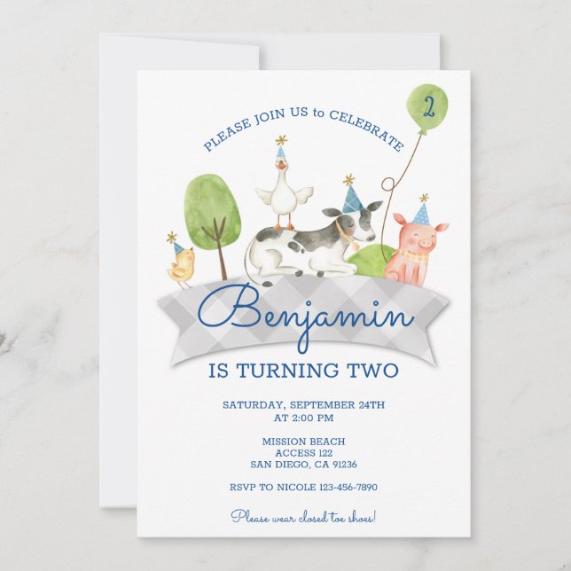Invitación de primer cumpleaños de Boys Barnyard (Anverso)