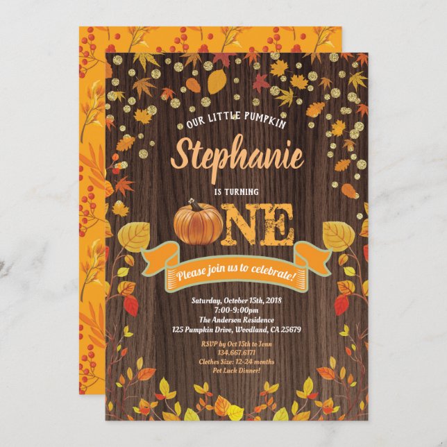 Invitación de primer cumpleaños de calabaza. Mader (Anverso / Reverso)