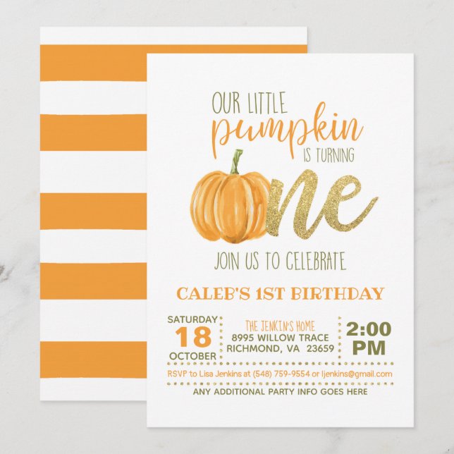 Invitación de primer cumpleaños de calabaza - niño (Anverso / Reverso)