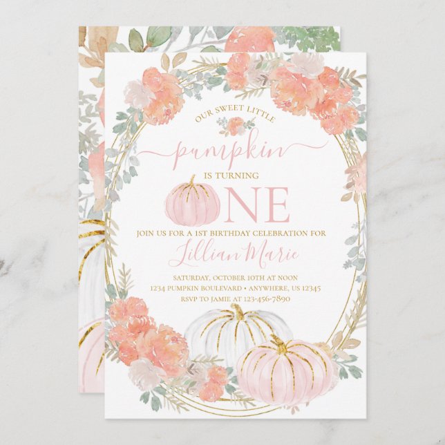 Invitación de primer cumpleaños de calabaza rosa (Anverso / Reverso)