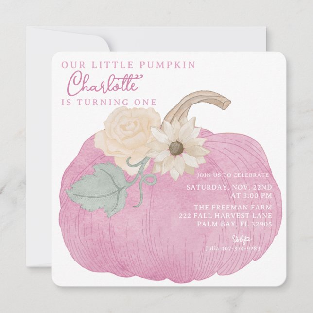 Invitación de primer cumpleaños de calabaza rosa (Anverso)