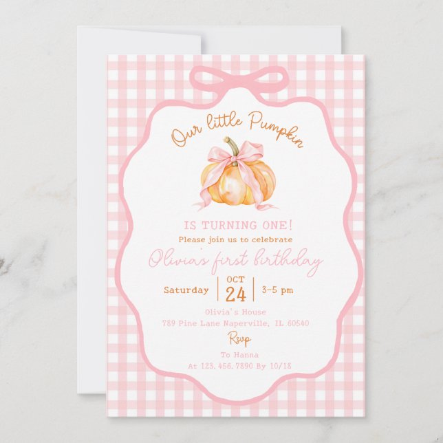 Invitación de primer cumpleaños de calabaza rosa G (Anverso)