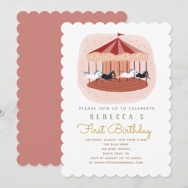 Invitación de primer cumpleaños de carrusel rosado (Anverso / Reverso)