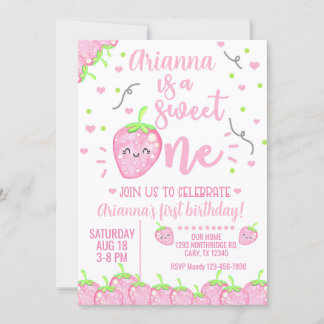 Invitación de primer cumpleaños de chica de fresa,