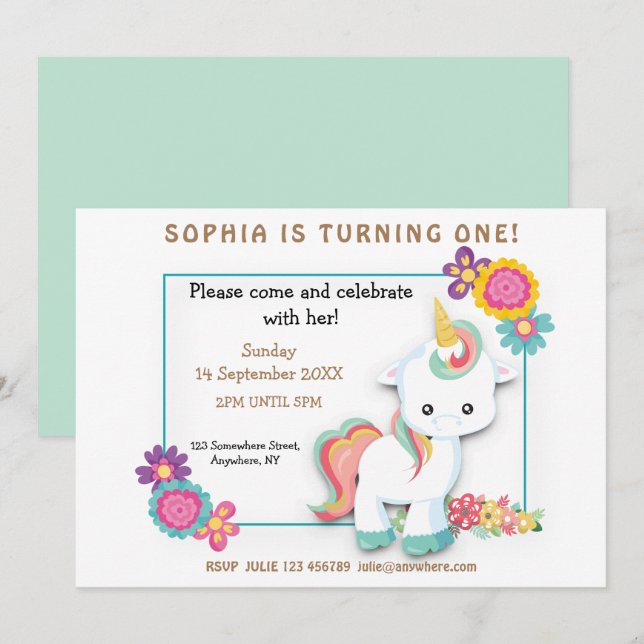 Invitación de primer cumpleaños de Chica floral de (Anverso / Reverso)