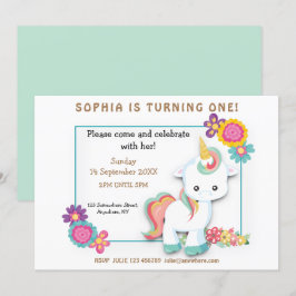 Invitación de primer cumpleaños de Chica floral de