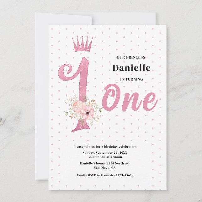 Invitación de primer cumpleaños de Chica rosado li (Anverso)