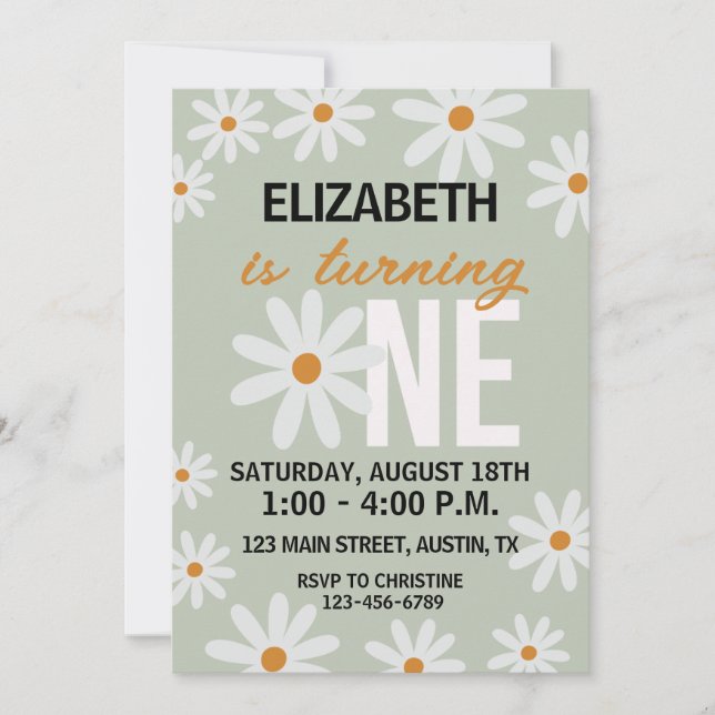 Invitación de primer cumpleaños de chicas Daisy (Anverso)