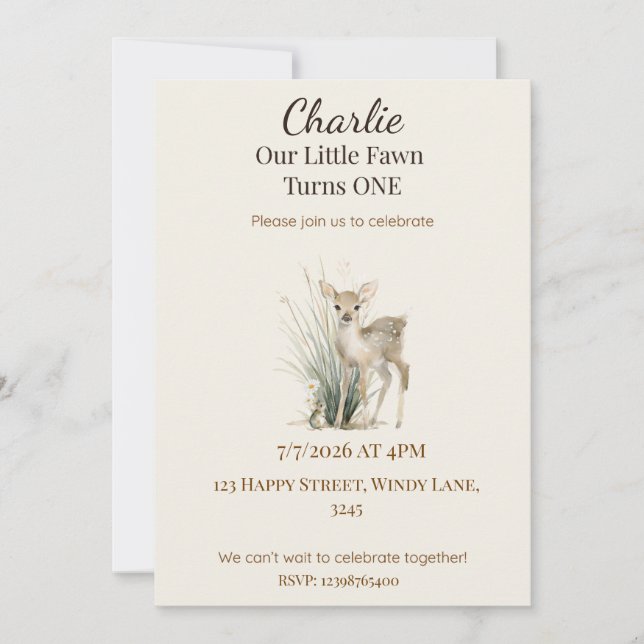 Invitación de primer cumpleaños de ciervo del bosq (Anverso)