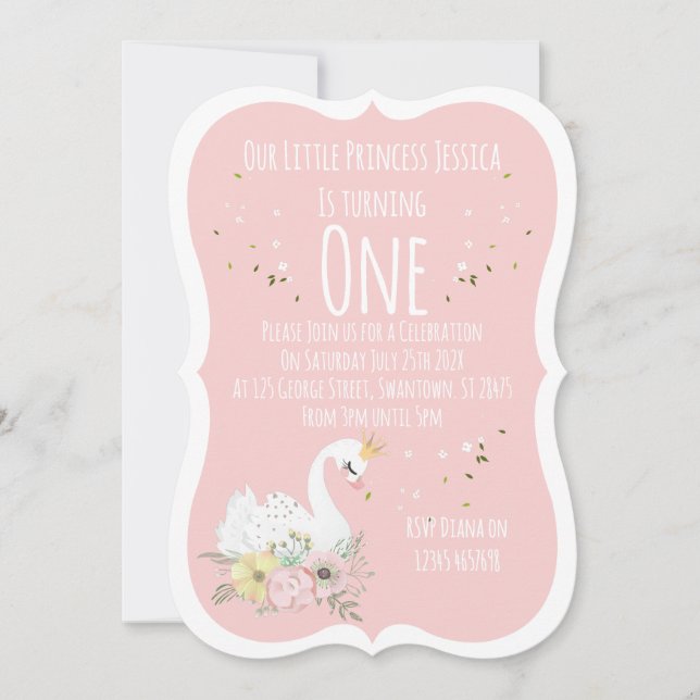 Invitación de Primer Cumpleaños de Cisne en Acuare (Anverso)