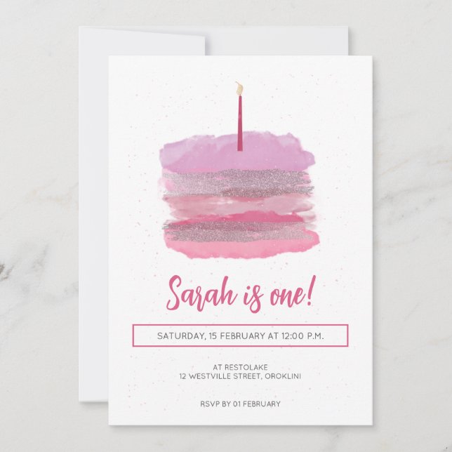 Invitación de primer cumpleaños de color rosa de b (Anverso)