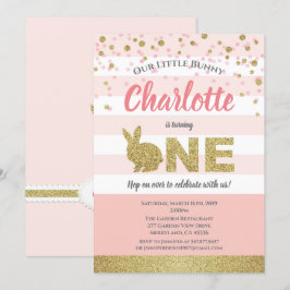 Invitación de primer cumpleaños de conejita rosa y