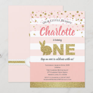 Invitación de primer cumpleaños de conejita rosa y