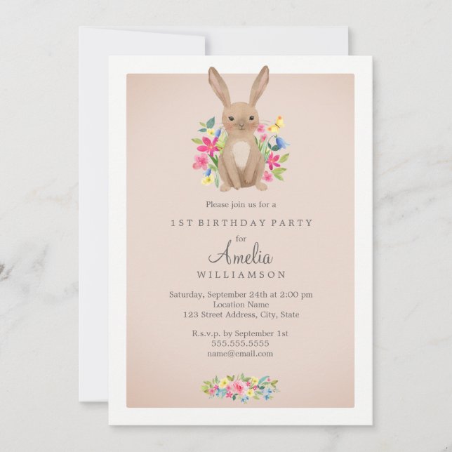 Invitación de primer cumpleaños de conejito floral (Anverso)