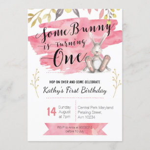 Invitación de primer cumpleaños de conejo rosa