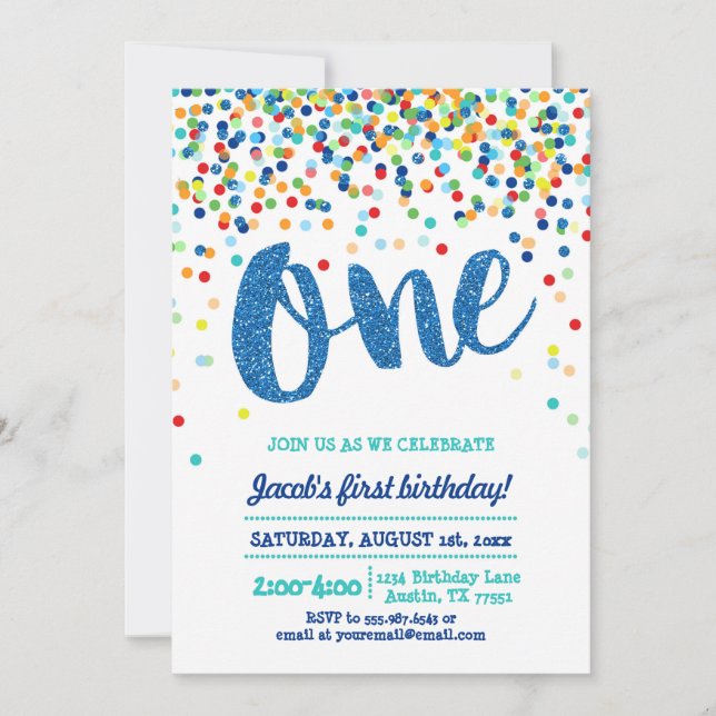 Invitación de primer cumpleaños de Confetti Blue P (Anverso)