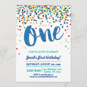 Invitación de primer cumpleaños de Confetti Blue P