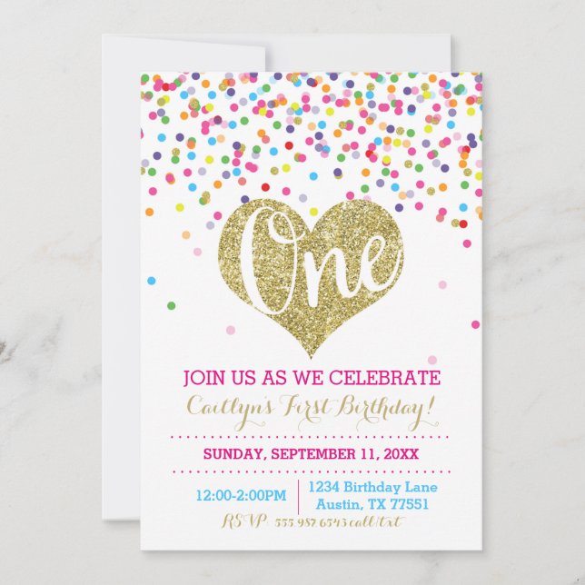 Invitación de primer cumpleaños de Confetti Gold P (Anverso)