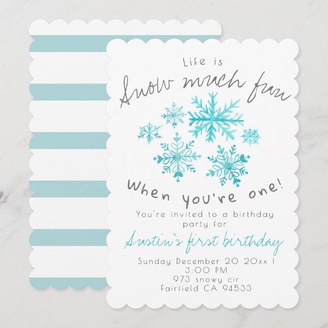 Invitación de primer cumpleaños de copo de nieve d (Anverso / Reverso)