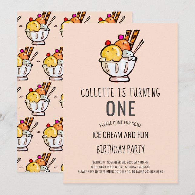 Invitación de primer cumpleaños de Crema de Hielo (Anverso / Reverso)