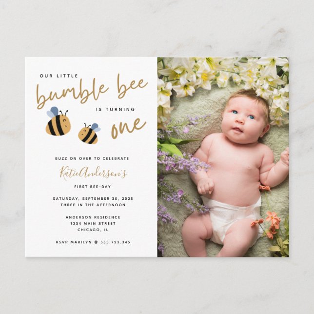Invitación de primer cumpleaños de Cute Bumblebee  (Anverso)