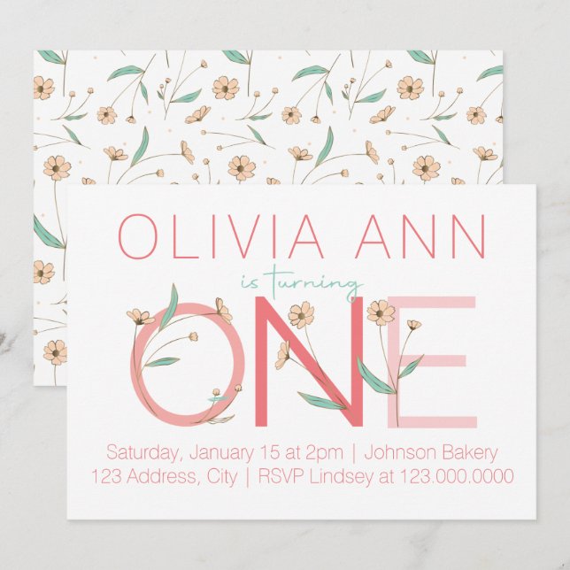 Invitación de primer cumpleaños de Cute Floral (Anverso / Reverso)
