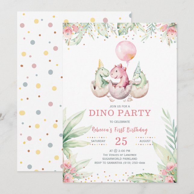 Invitación de primer cumpleaños de dinosaurio chic (Anverso / Reverso)