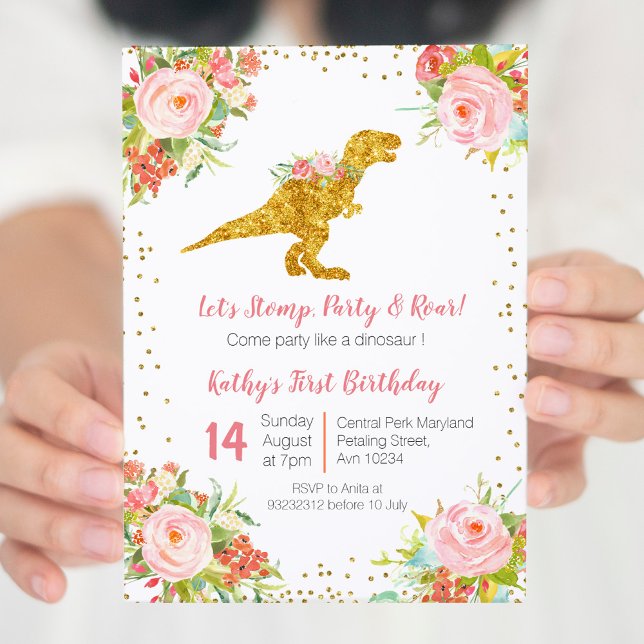 Invitación de primer cumpleaños de dinosaurio flor (Subido por el creador)