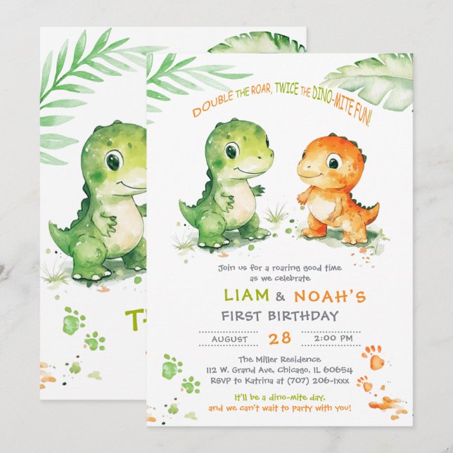 Invitación De Primer Cumpleaños De Dinosaurio Para (Anverso / Reverso)