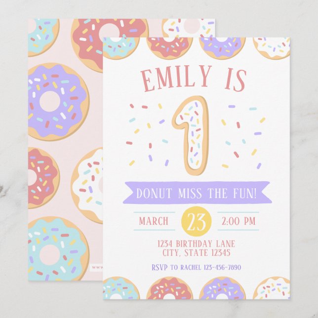 Invitación de primer cumpleaños de Donut (Anverso / Reverso)