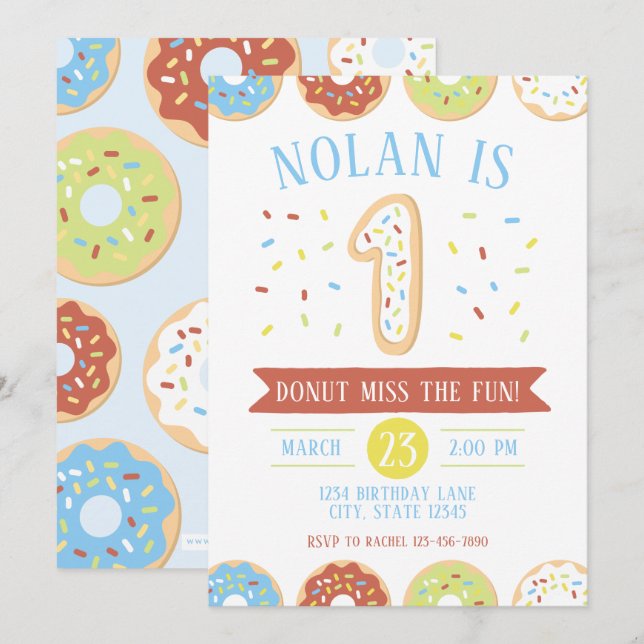 Invitación de primer cumpleaños de Donut (Anverso / Reverso)