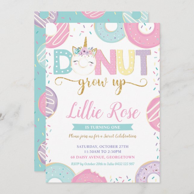 Invitación de primer cumpleaños de Donut Grow Up U (Anverso / Reverso)