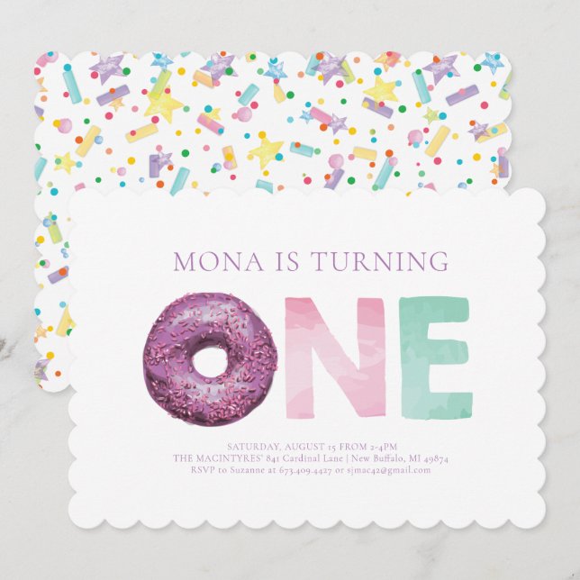 Invitación de primer cumpleaños de donut moderno s (Anverso / Reverso)