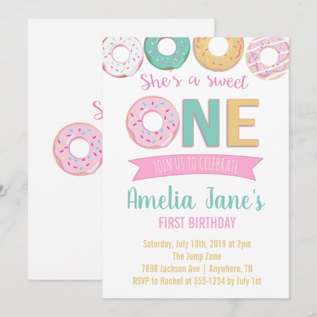 Invitación de primer cumpleaños de Donuts Sweet (Anverso / Reverso)