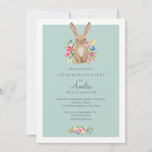 Invitación de primer cumpleaños de dulce conejo fl (Anverso)