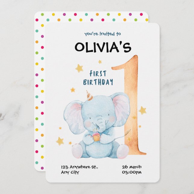 Invitación de primer cumpleaños de Elefante de col (Anverso / Reverso)