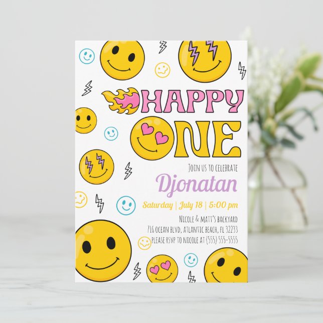 Invitación de primer cumpleaños de emojis (Anverso de pie)