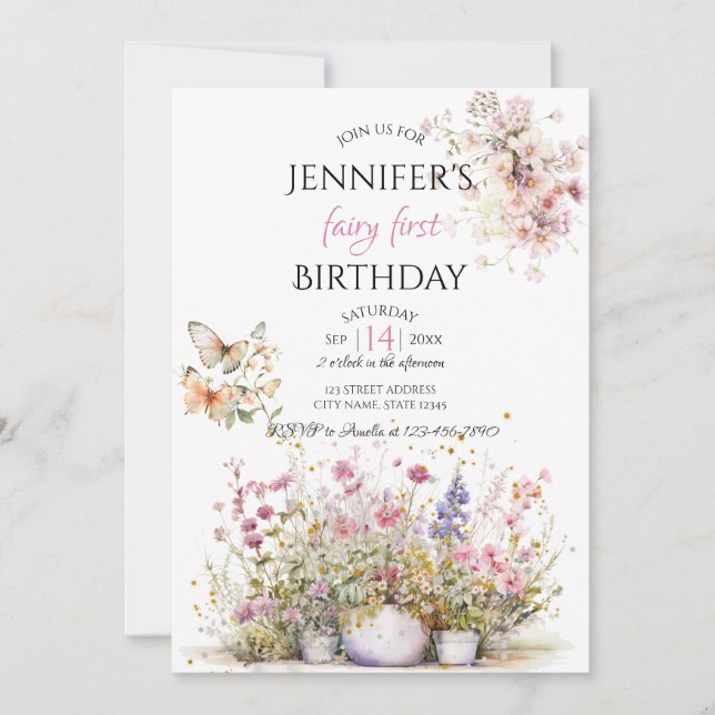 Invitación de primer cumpleaños de Fairy Floral (Anverso)
