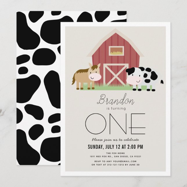 Invitación de primer cumpleaños de Farm Barnyard B (Anverso / Reverso)