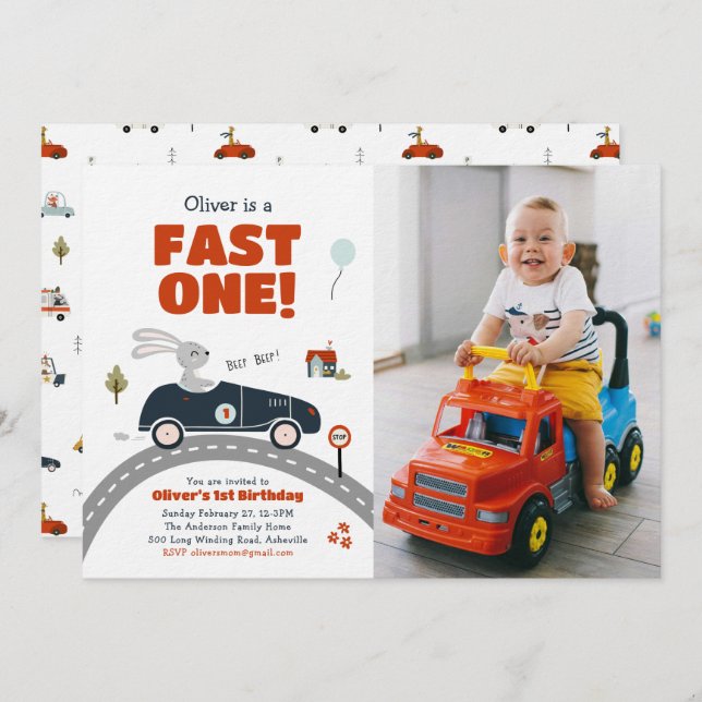 Invitación de primer cumpleaños de Fast One Cars (Anverso / Reverso)