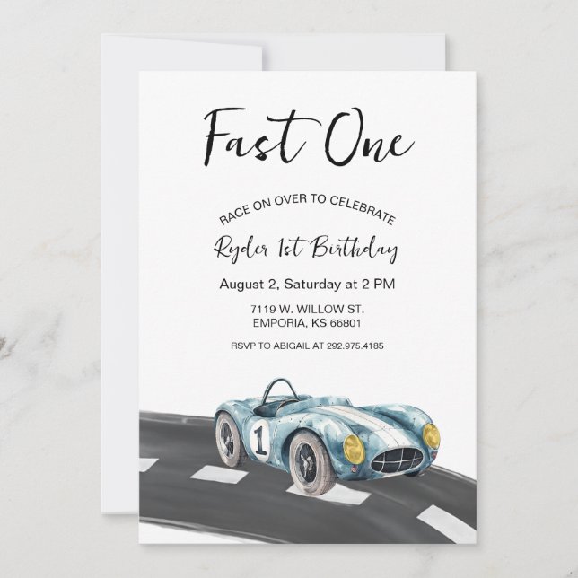 Invitación de primer cumpleaños de Fast One Race C (Anverso)