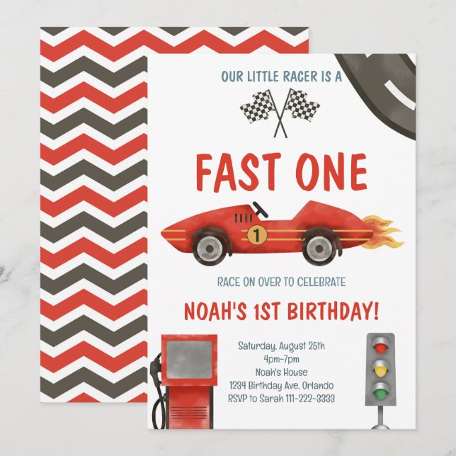 Invitación de primer cumpleaños de Fast One Red Ra (Anverso / Reverso)
