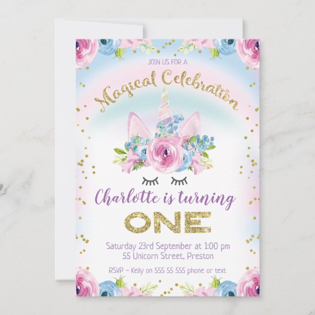 invitación de primer cumpleaños de faux Gold Unico (Anverso)