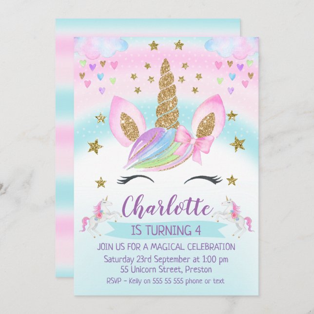 invitación de primer cumpleaños de faux Gold Unico (Anverso / Reverso)