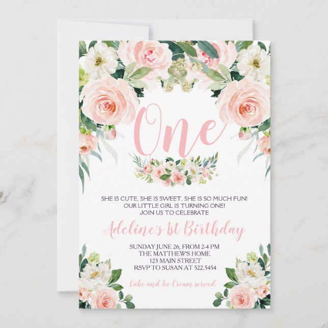 Invitación de primer cumpleaños de flor rosa (Anverso)