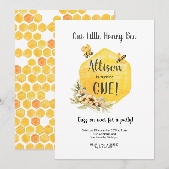 Invitación de primer cumpleaños de Floral Bee (Anverso / Reverso)