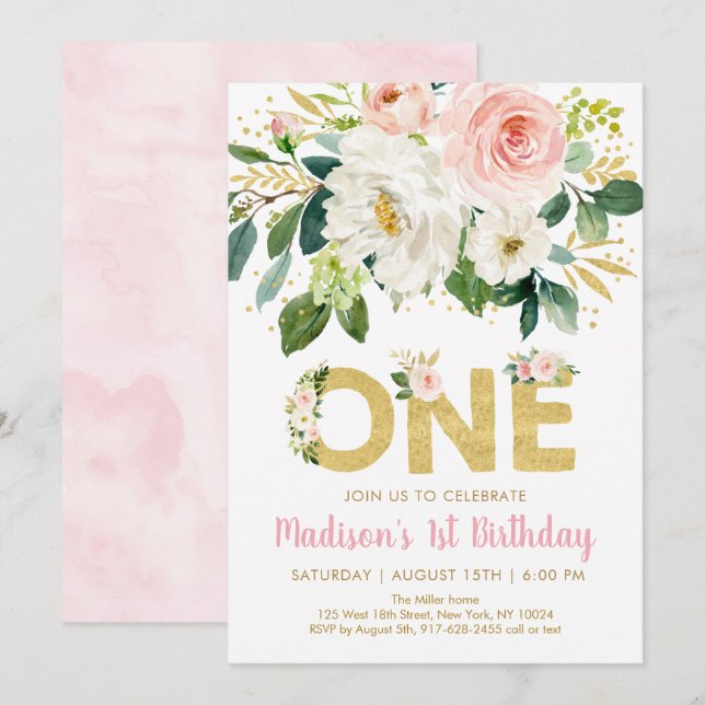 Invitación de primer cumpleaños de Floral de oro r (Anverso / Reverso)
