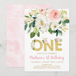 Invitación de primer cumpleaños de Floral de oro r